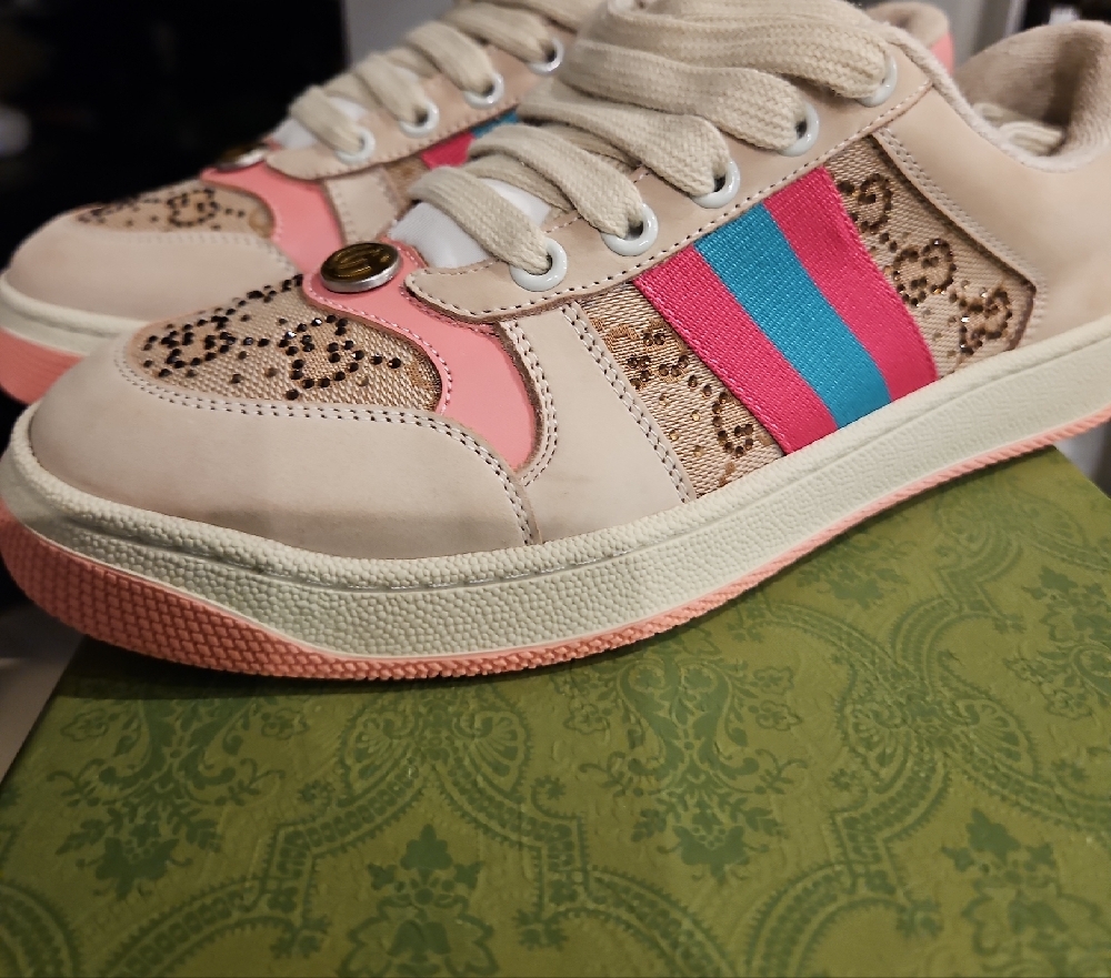 Screener GG Canvas Crystal Sz 39 Gucci Beige w Pink Tesl Striped Sneakers